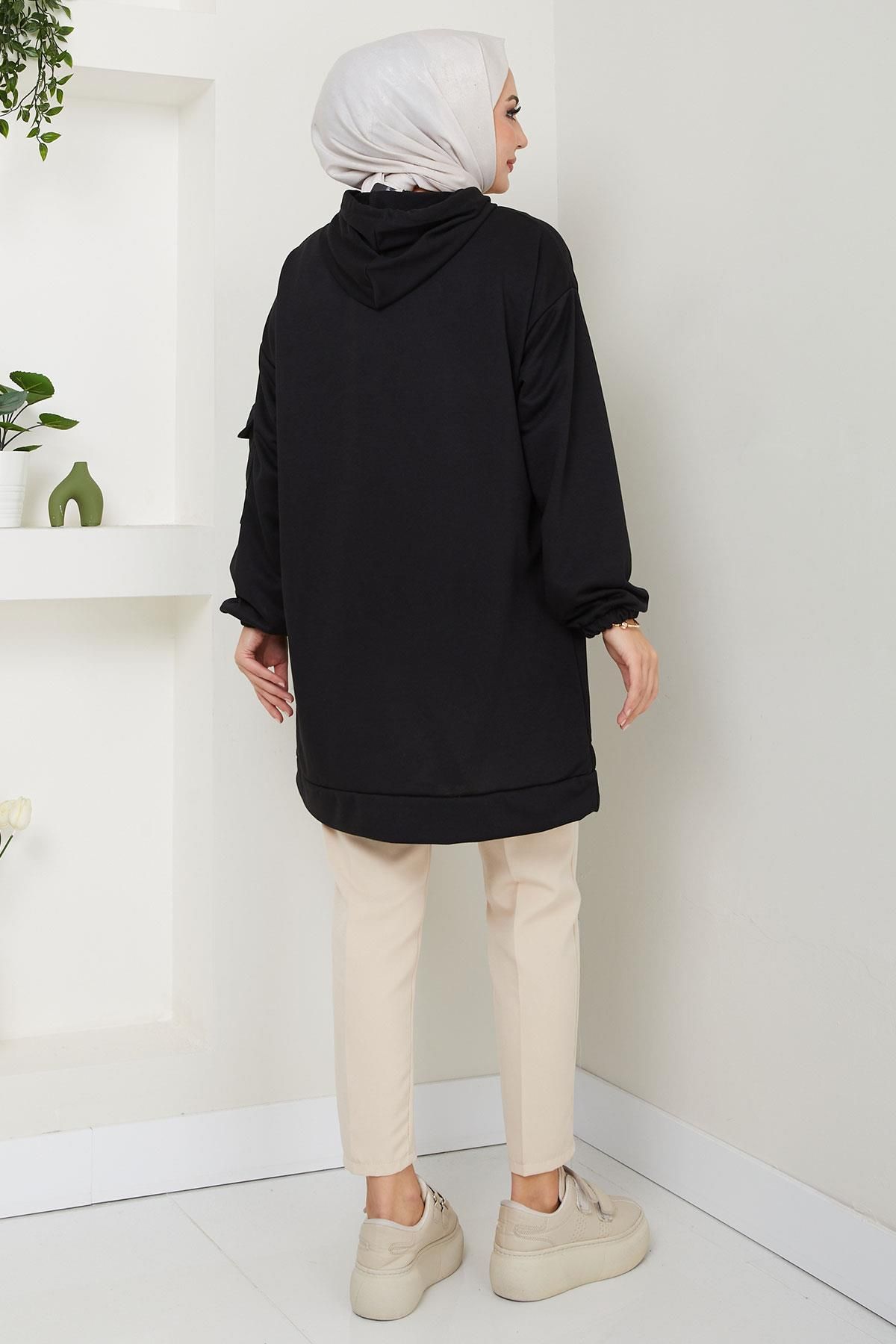 Kapüşonlu Kolu Cep Detaylı Sweatshirt Tunik Siyah Hm2582 Kapüşonlu Kolu Cep Detaylı Sweatshirt Tunik Siyah Hm2582