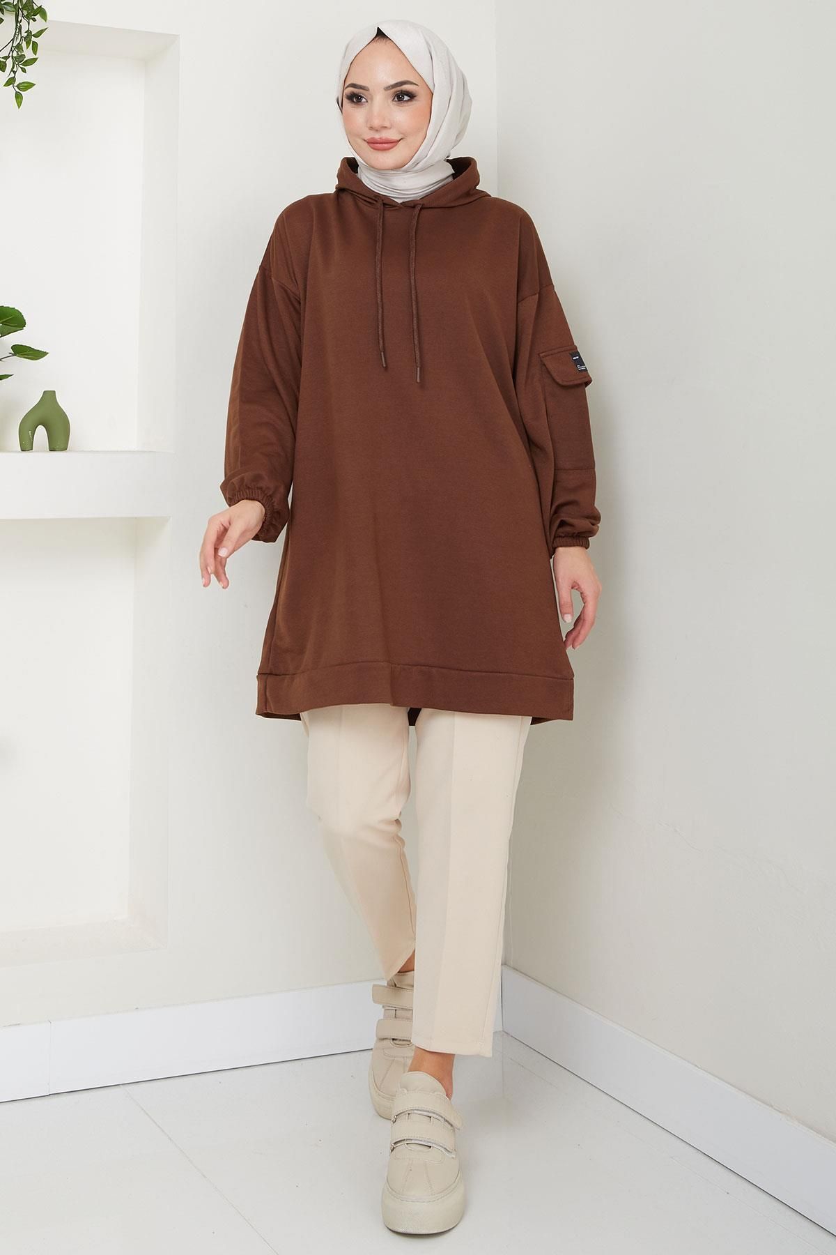 Kapüşonlu Kolu Cep Detaylı Sweatshirt Tunik Kahverengi HM2582 Kapüşonlu Kolu Cep Detaylı Sweatshirt Tunik Kahverengi HM2582