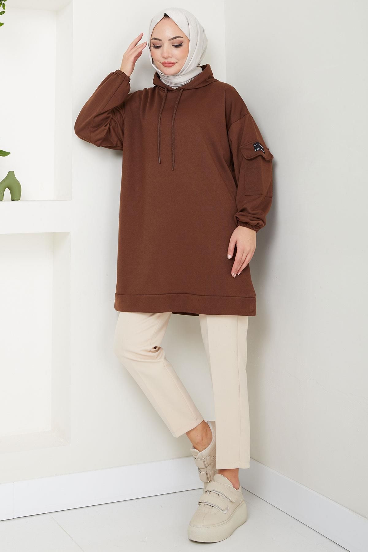 Kapüşonlu Kolu Cep Detaylı Sweatshirt Tunik Kahverengi HM2582