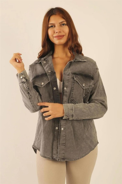 Likralı Koyu Eksitme Yıkamalı Efektli Kadın Denim Kot Ceket- 10-02 - Siyah Likralı Koyu Eksitme Yıkamalı Efektli Kadın Denim Kot Ceket- 10-02 - Siyah