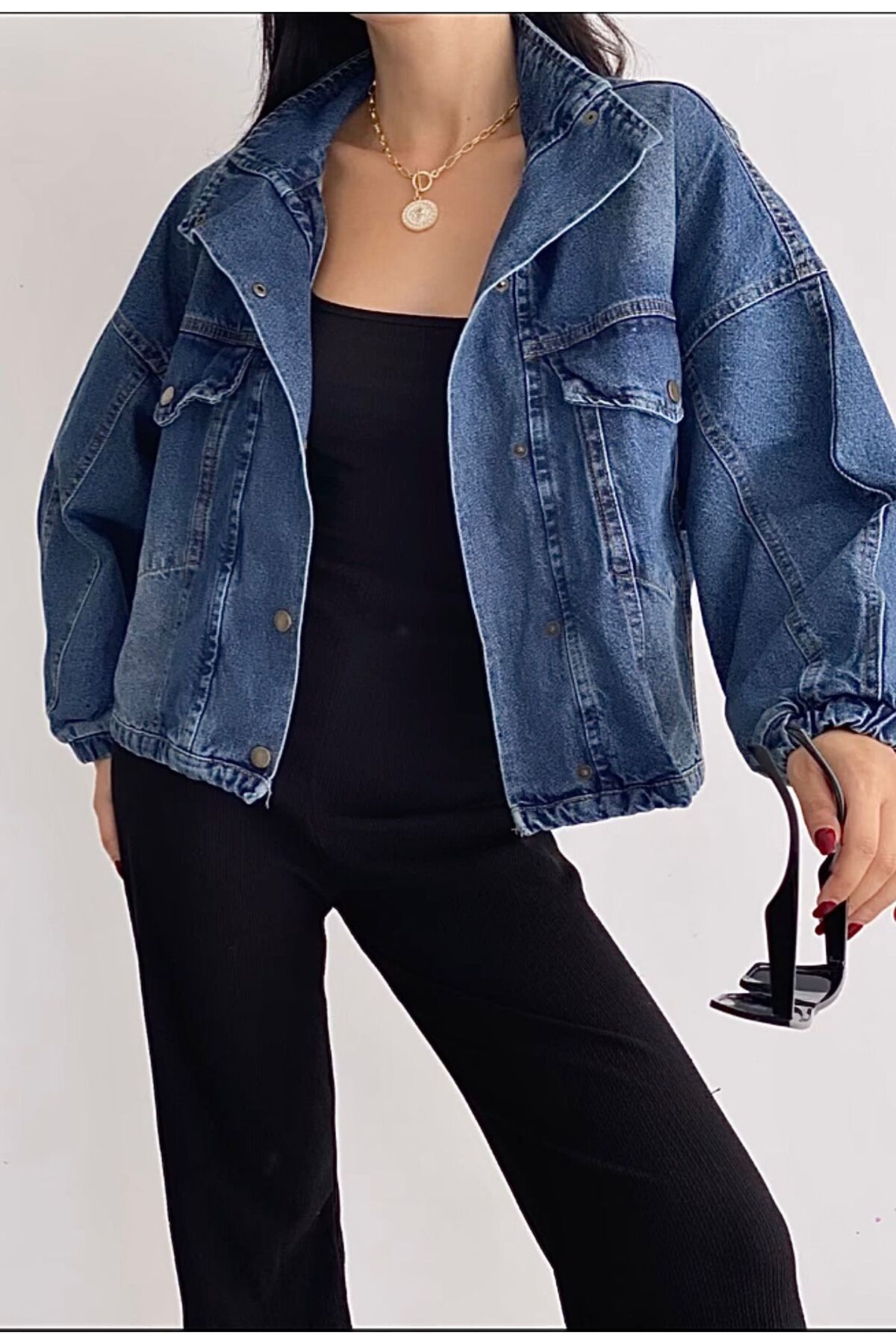 Kadın Mavi Çıtçıtlı Oversize jean Ceket