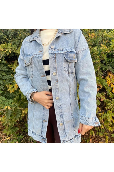 Kadın Uzun Oversize Açık Mavi Kot Ceket Kadın Uzun Oversize Açık Mavi Kot Ceket