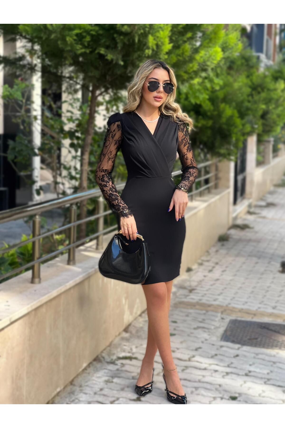 Kadın Uzun Kollu Kruvaze Yaka Kollar Tül Detay Krep Mini Boy Elbise Kadın Uzun Kollu Kruvaze Yaka Kollar Tül Detay Krep Mini Boy Elbise
