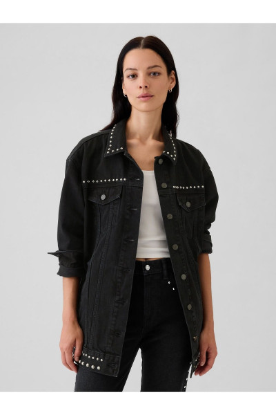 Kadın Siyah Zımba Detaylı Oversized Icon Denim Ceket Kadın Siyah Zımba Detaylı Oversized Icon Denim Ceket