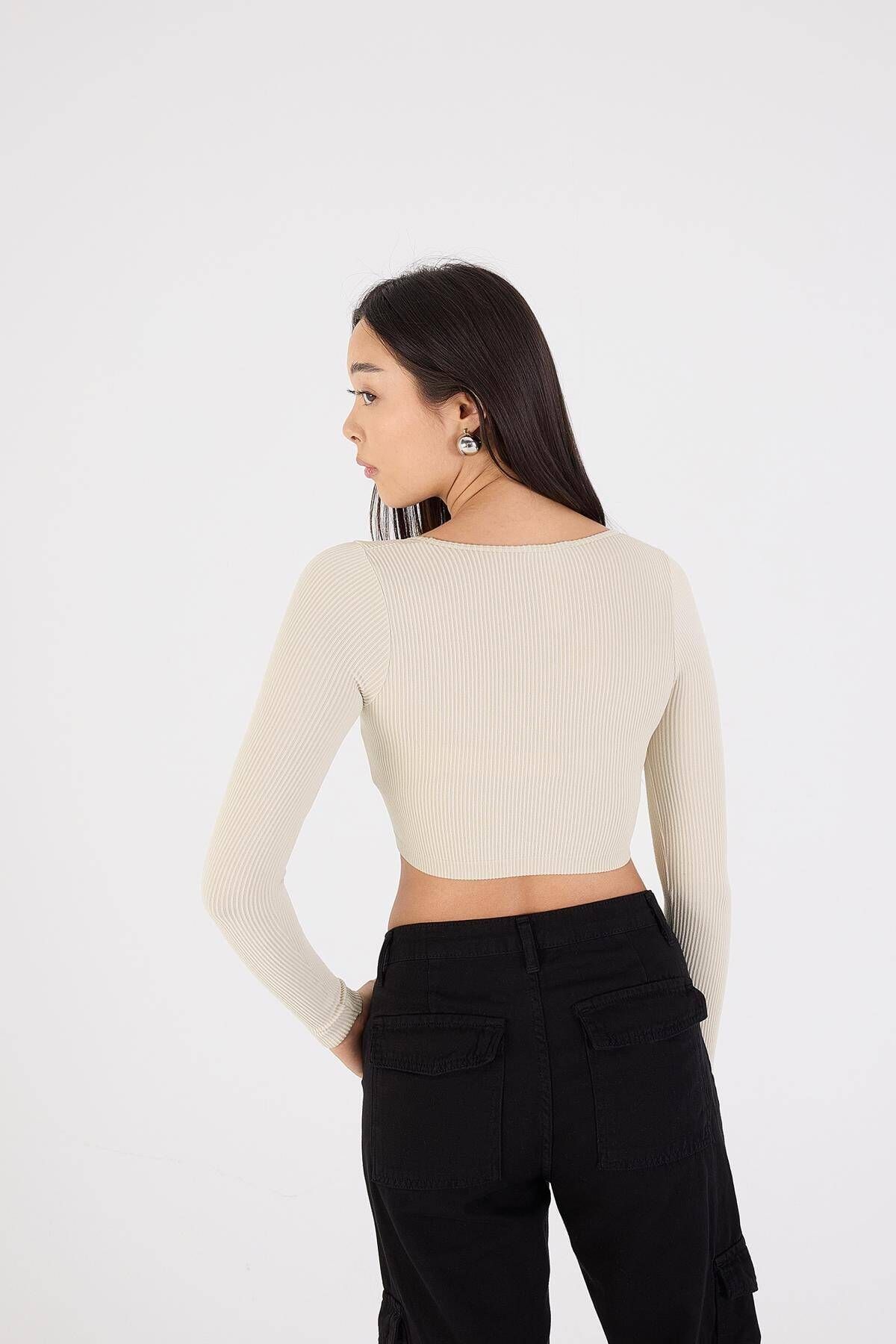 Yuvarlak Yaka Uzun Kol Seamless Crop Bluz B0361-k2k3 Yuvarlak Yaka Uzun Kol Seamless Crop Bluz B0361-k2k3