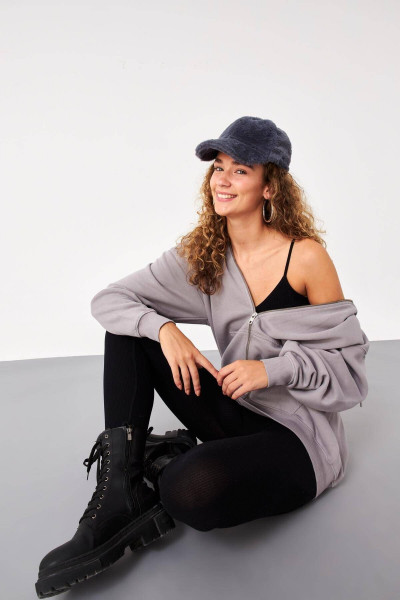 Şardonlu Fermuarlı Oversize Sweatshirt H9476-g12v3 Şardonlu Fermuarlı Oversize Sweatshirt H9476-g12v3