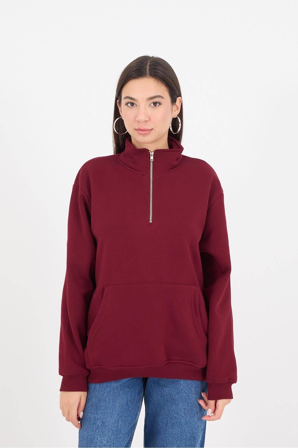 Yakası Fermuarlı Şardonlu Sweatshirt S11063-S9