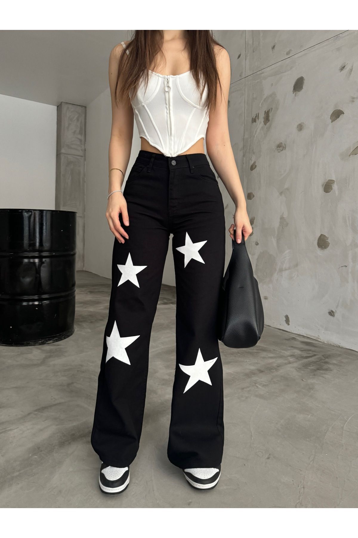 Flocked Star Yıldız Baskılı Geniş Paça  Straight fit Wide Leg Jean