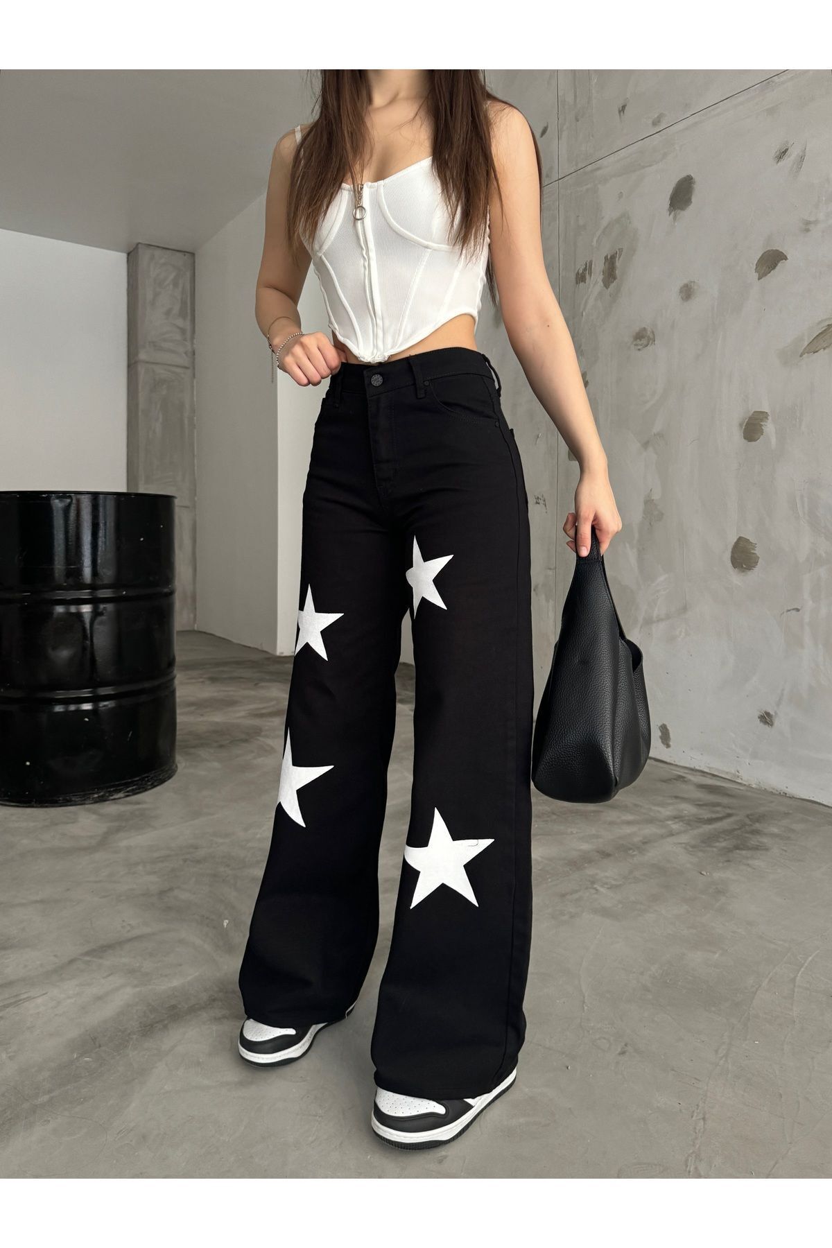 Flocked Star Yıldız Baskılı Geniş Paça  Straight fit Wide Leg Jean