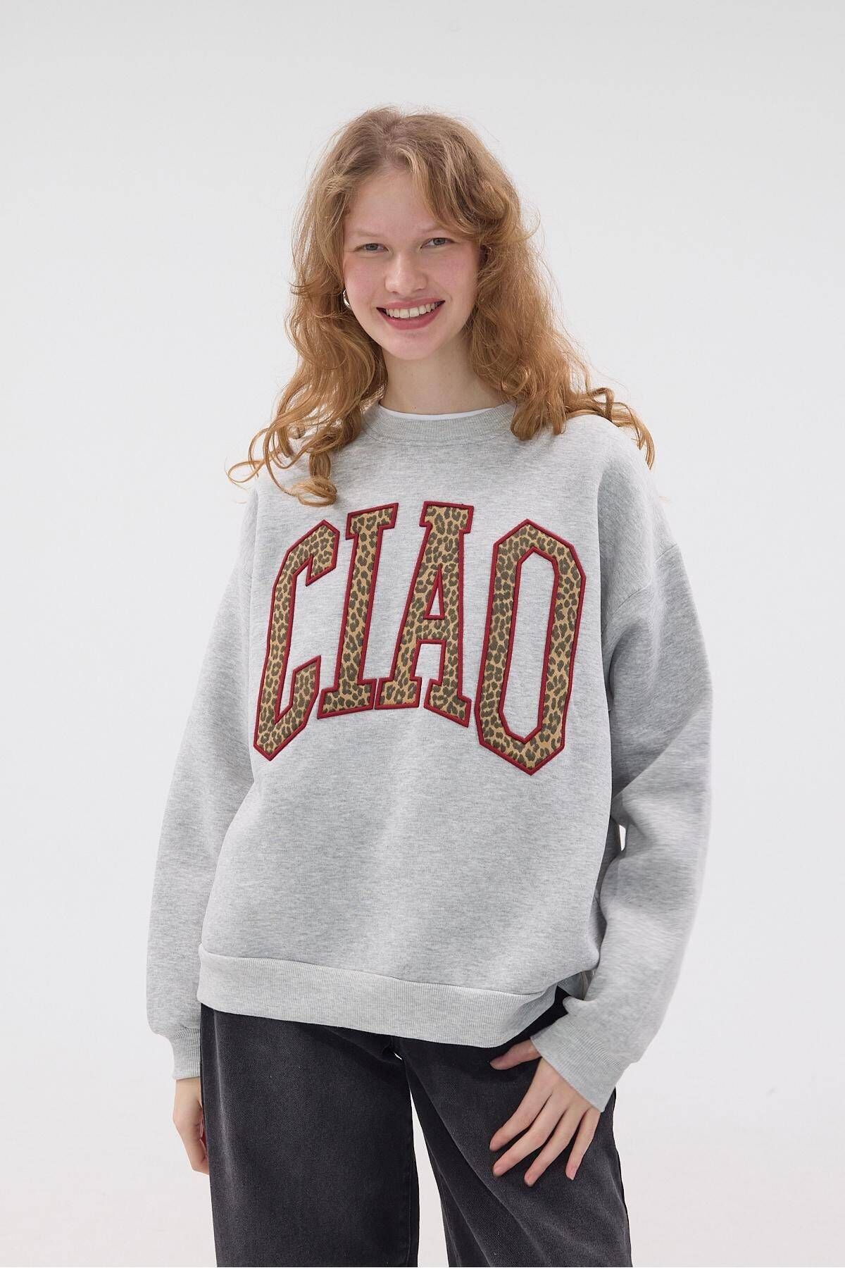 Leoparlı CIAO Yazılı Şardonlu Sweatshirt S710227-X4