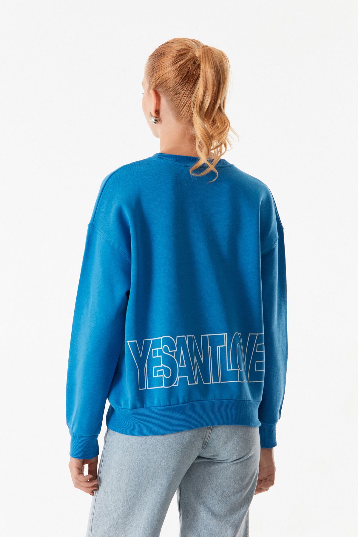 Yazı Baskılı Bisiklet Yaka Sweatshirt