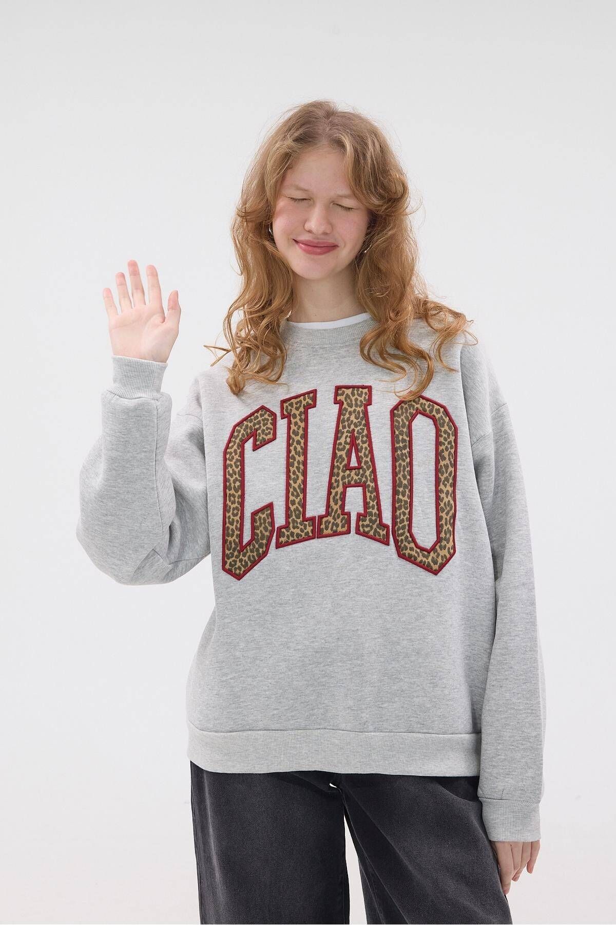 Leoparlı CIAO Yazılı Şardonlu Sweatshirt S710227-X4