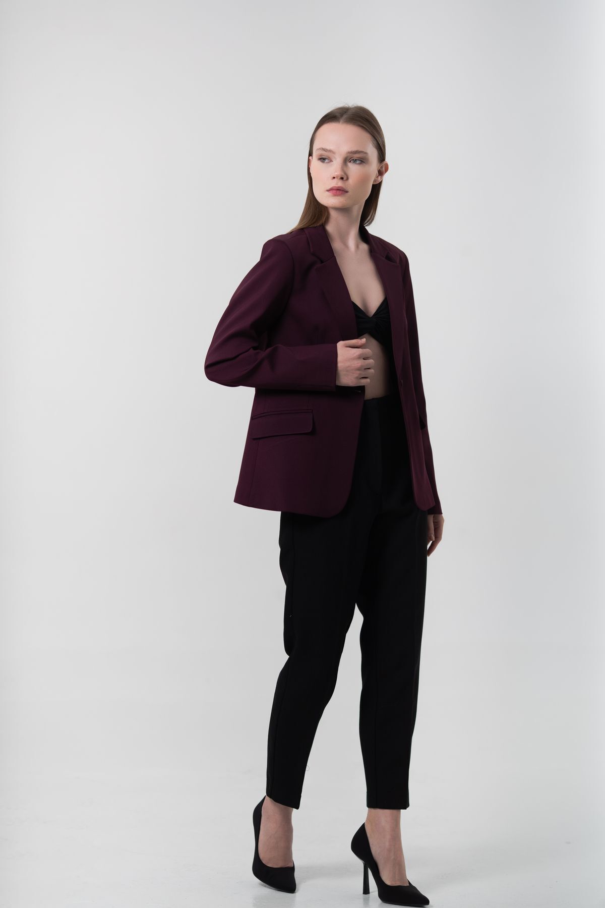 Kadın bordo tek düğmeli blazer