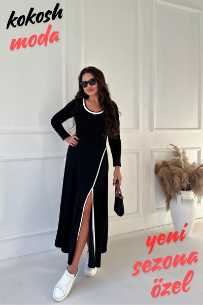 Kadın Yırtmaç Detaylı Ribanalı Siyah Uzun Elbise Kadın Yırtmaç Detaylı Ribanalı Siyah Uzun Elbise