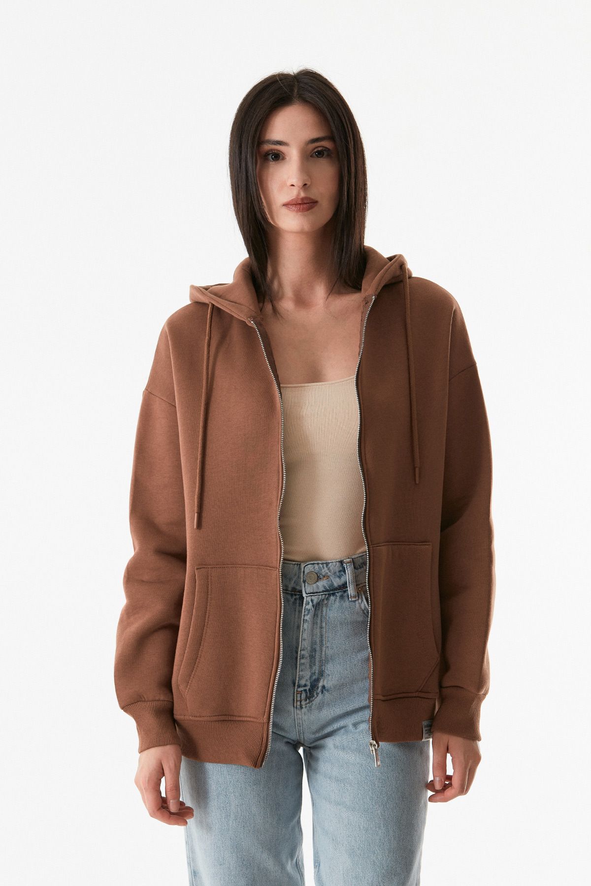 Fermuarlı Kapüşonlu Oversize Sweatshirt