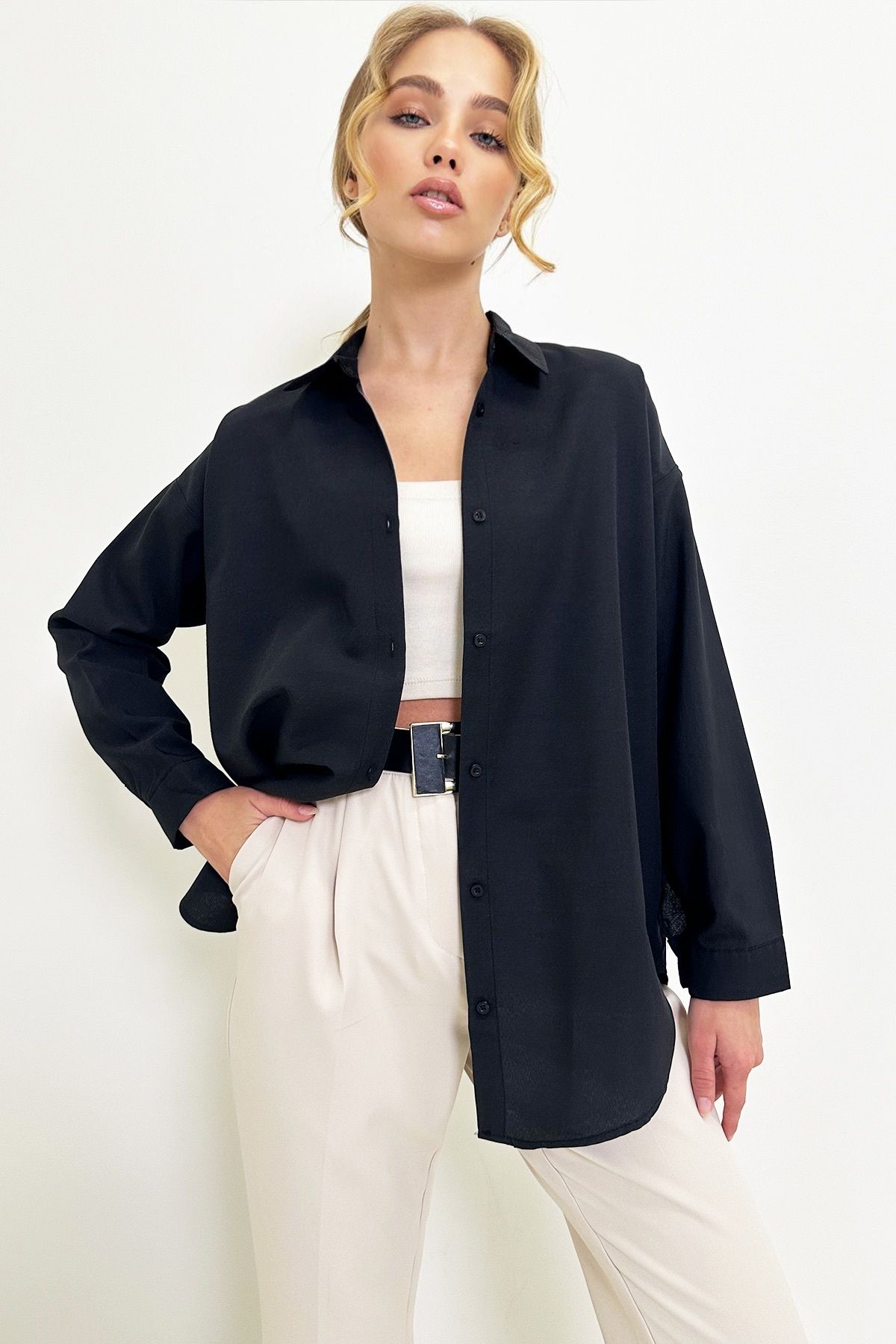 Kadın Siyah Oversize Uzun Dokuma Gömlek ALC-X6828 Kadın Siyah Oversize Uzun Dokuma Gömlek ALC-X6828