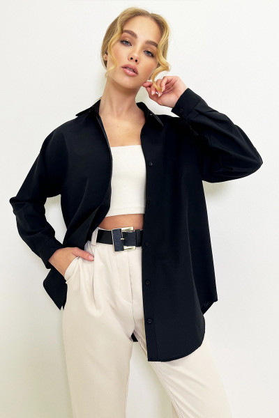 Kadın Siyah Oversize Uzun Dokuma Gömlek ALC-X6828 Kadın Siyah Oversize Uzun Dokuma Gömlek ALC-X6828