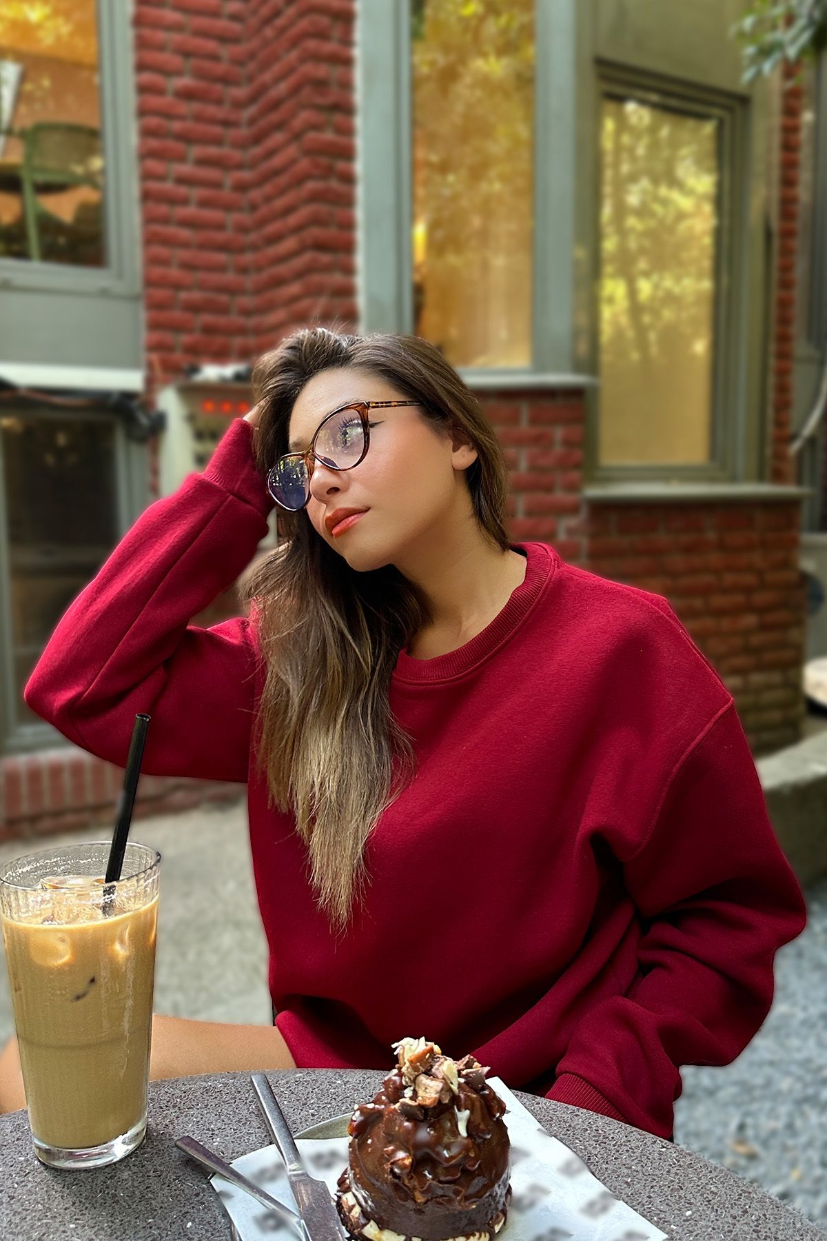 Kadın Oversize Kalın Şardonlu Yumuşak Bisiklet Yaka Sweatshirt Bordo