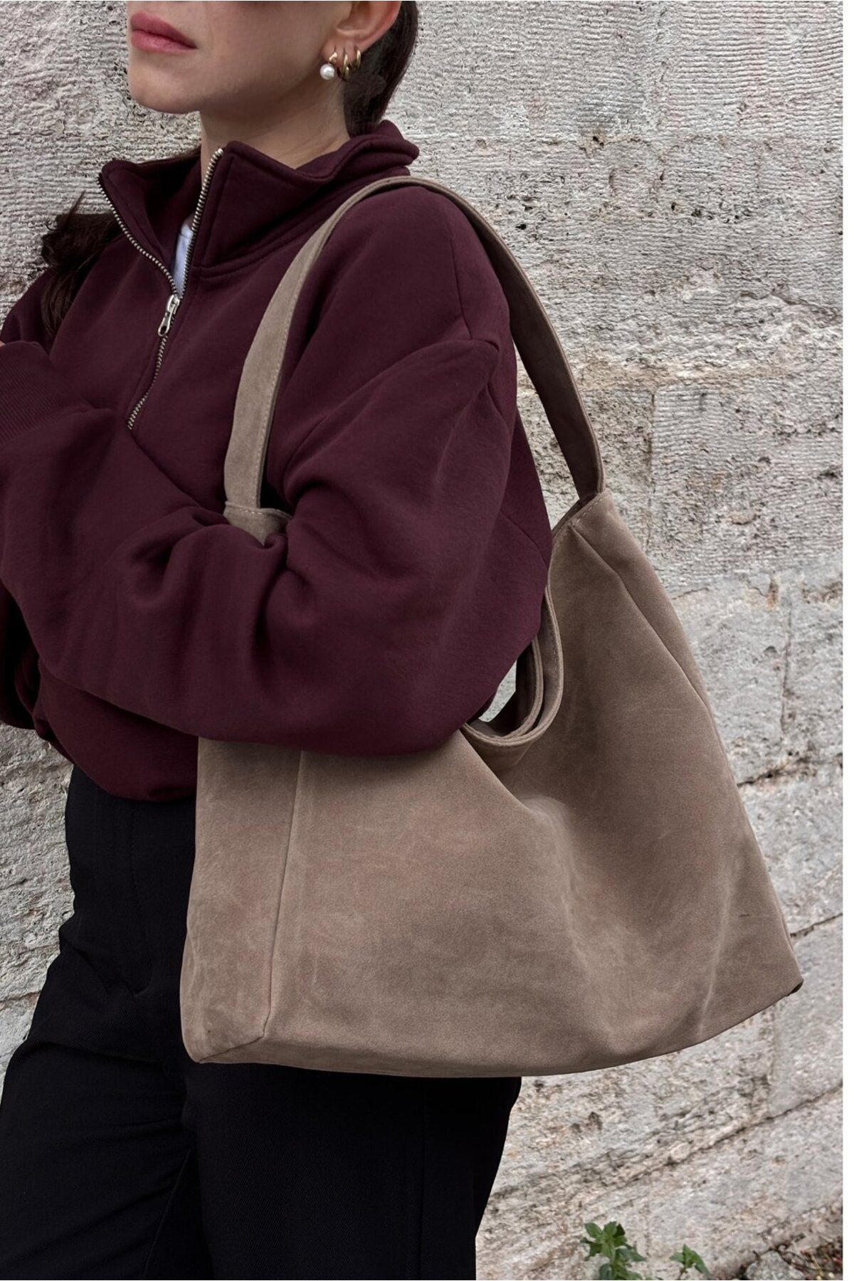 Süet Creme Salaş Görünümlü Shopper Çanta Süet Creme Salaş Görünümlü Shopper Çanta