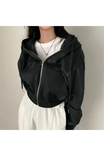 Siyah Crop Top Kalın Kumaş Fermuarlı Kapüşonlu Sweatshirt Siyah Crop Top Kalın Kumaş Fermuarlı Kapüşonlu Sweatshirt