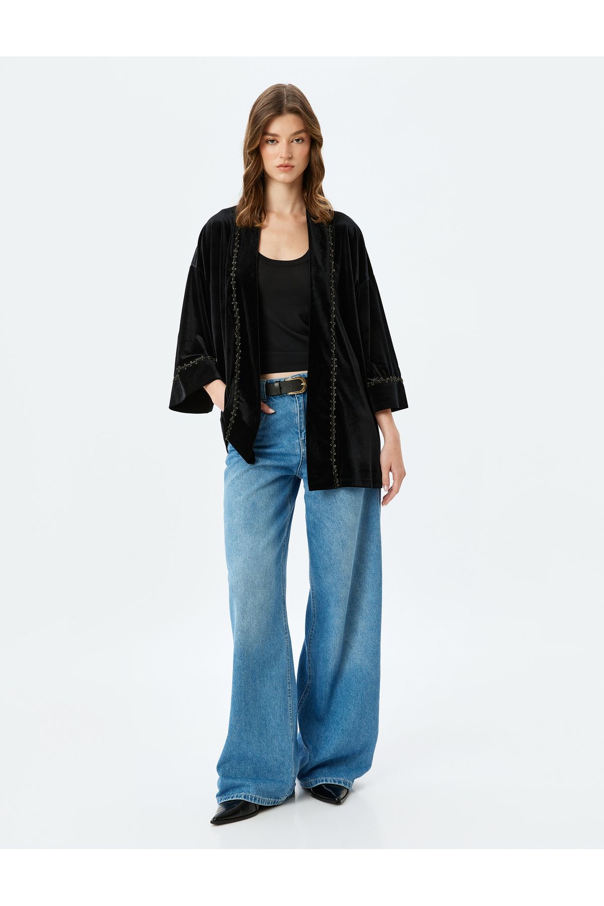 Kalça Boy Geniş 3/4 Kol Kadife Kimono Kalça Boy Geniş 3/4 Kol Kadife Kimono