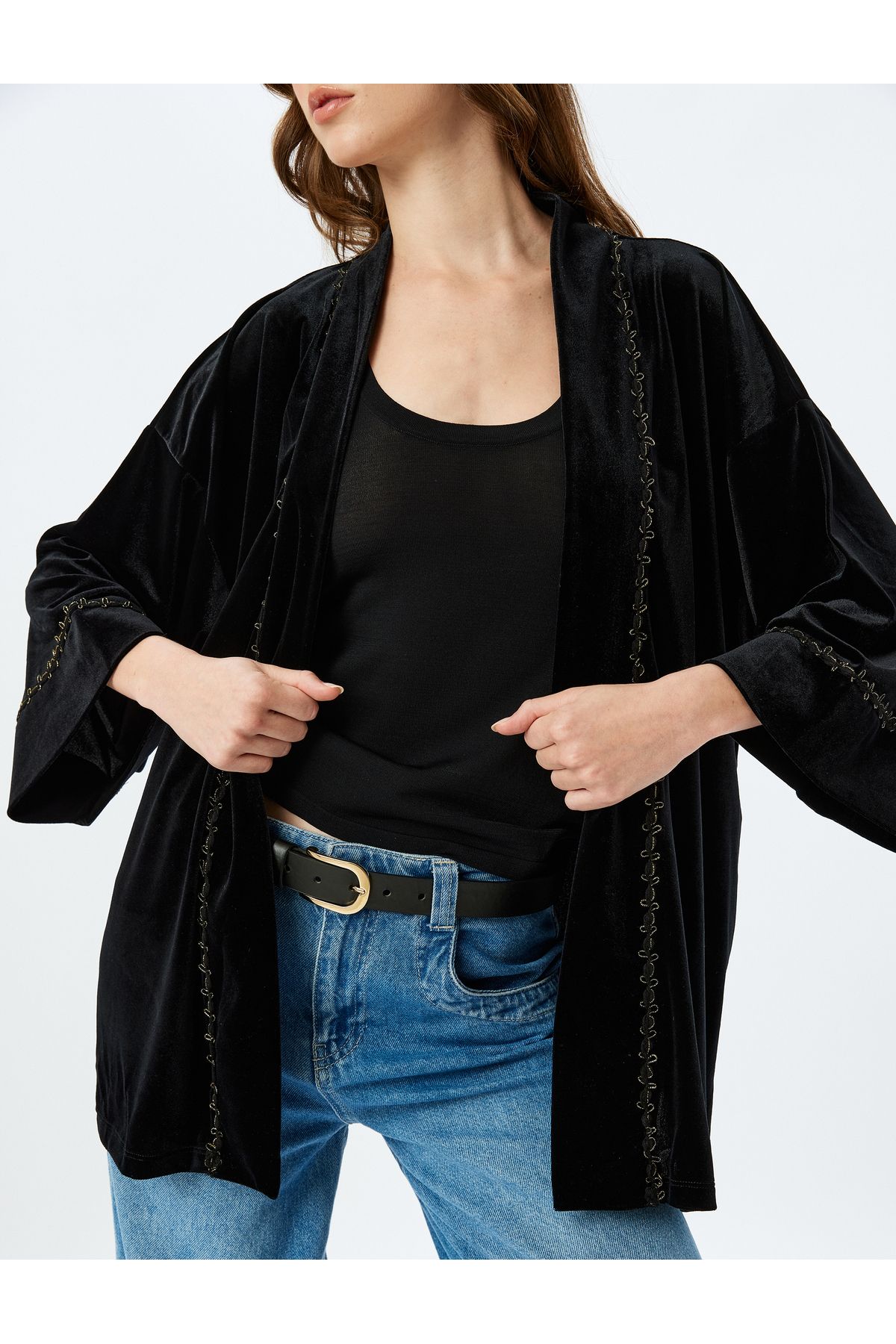 Kalça Boy Geniş 3/4 Kol Kadife Kimono Kalça Boy Geniş 3/4 Kol Kadife Kimono