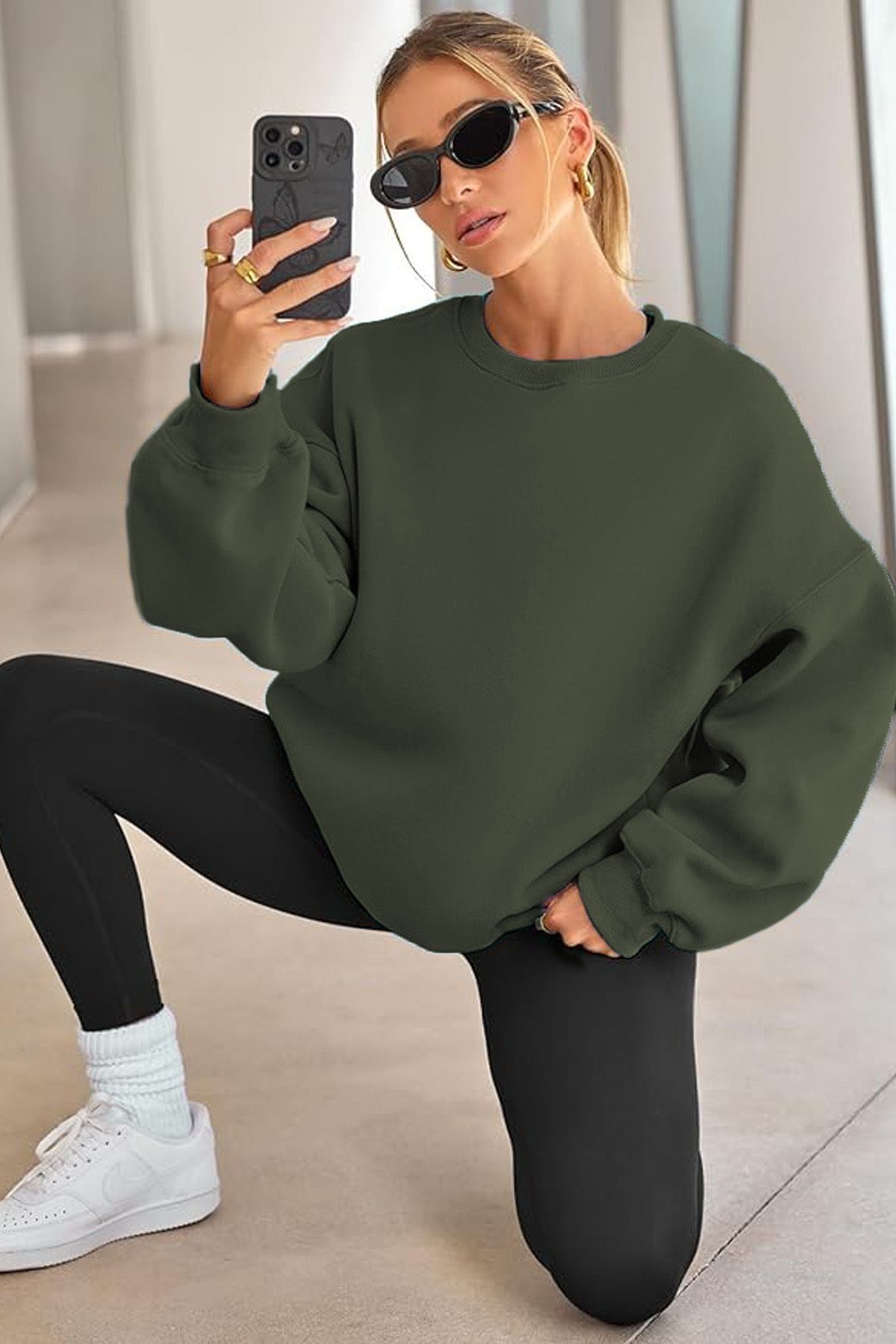 Kadın Bisiklet Yaka Basic Oversize Sweatshirt KOYU ÇAĞLA