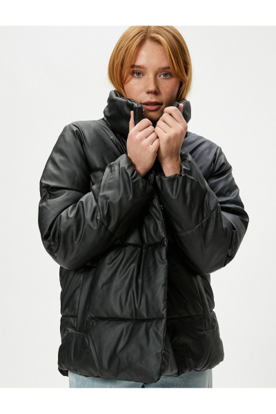 Kısa Şişme Mont Deri Görünümlü Çıtçıt Düğmeli Cepli Dik Yaka Kısa Şişme Mont Deri Görünümlü Çıtçıt Düğmeli Cepli Dik Yaka