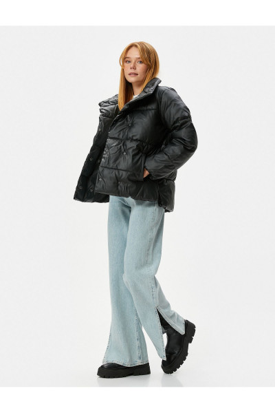 Kısa Şişme Mont Deri Görünümlü Çıtçıt Düğmeli Cepli Dik Yaka Kısa Şişme Mont Deri Görünümlü Çıtçıt Düğmeli Cepli Dik Yaka