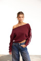 Bordo Açık Omuzlu Şeritli Oversize Sweatshirt