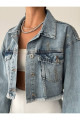 Mavi Zincir Detaylı Oversize Crop Kadın Kot Ceket Mavi Zincir Detaylı Oversize Crop Kadın Kot Ceket