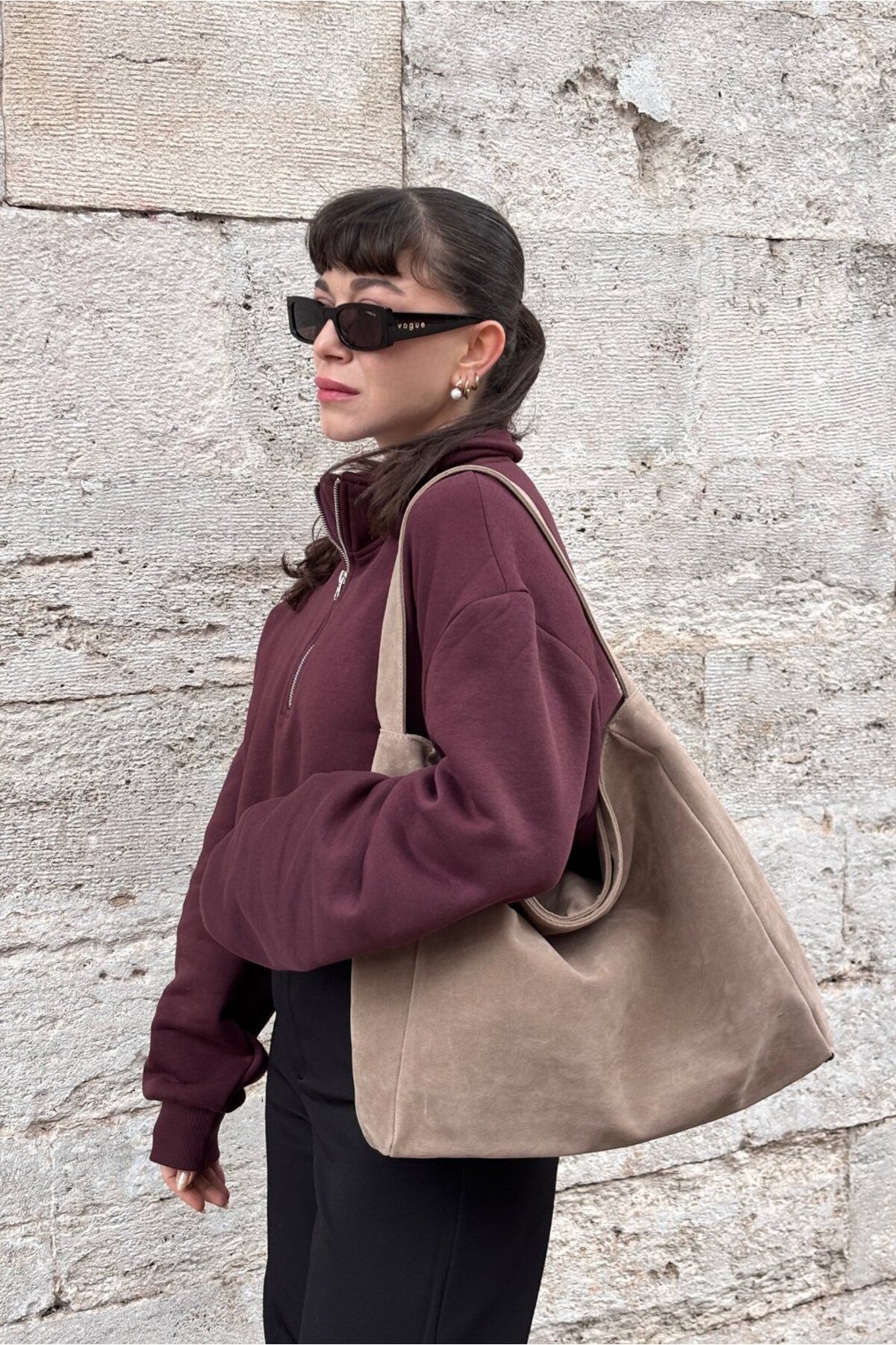 Süet Creme Salaş Görünümlü Shopper Çanta Süet Creme Salaş Görünümlü Shopper Çanta