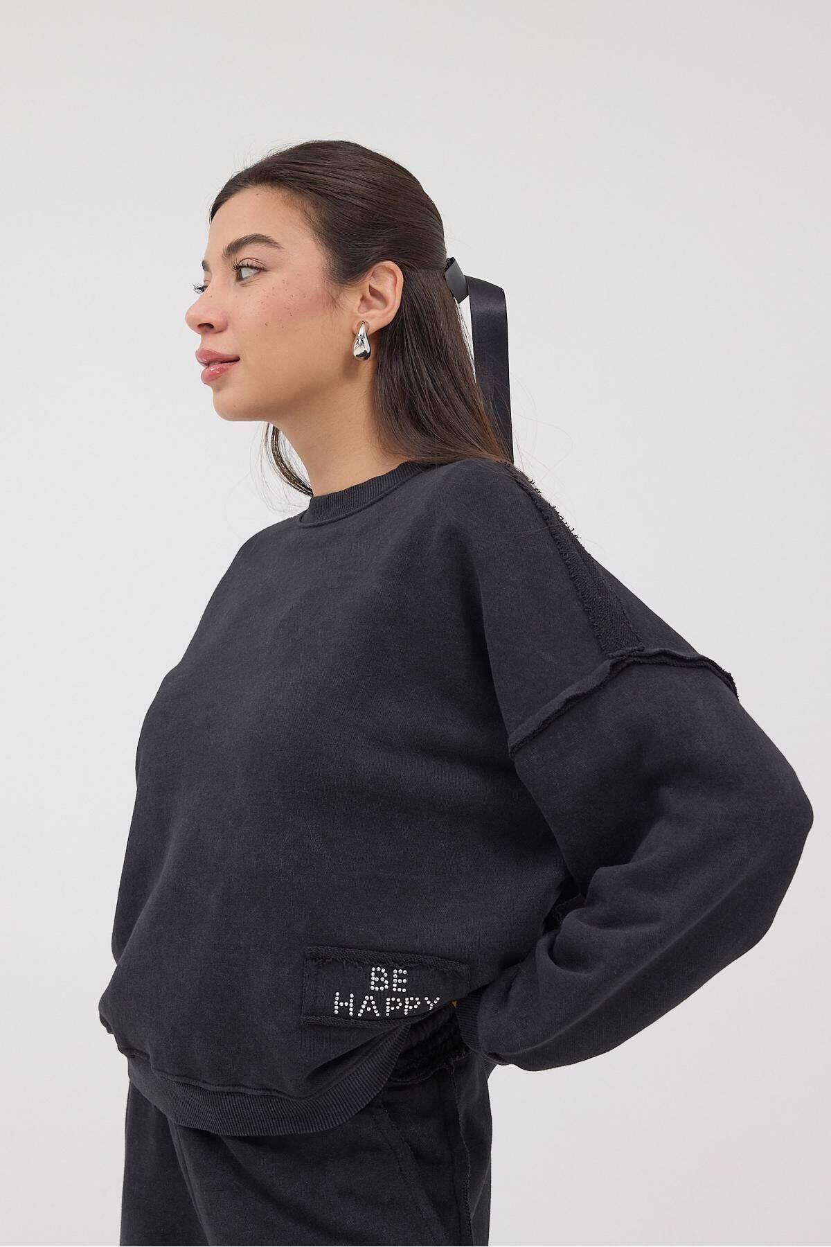 Be Happy Yazılı Soluk Efektli Sweatshirt S10303-i6