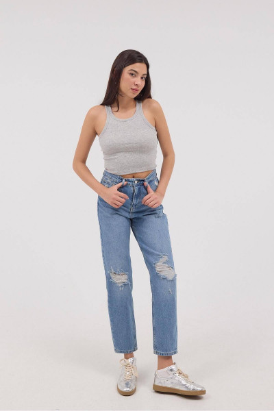 Yırtık Detaylı Mom Jean Pantolon PN8611-PNC Yırtık Detaylı Mom Jean Pantolon PN8611-PNC