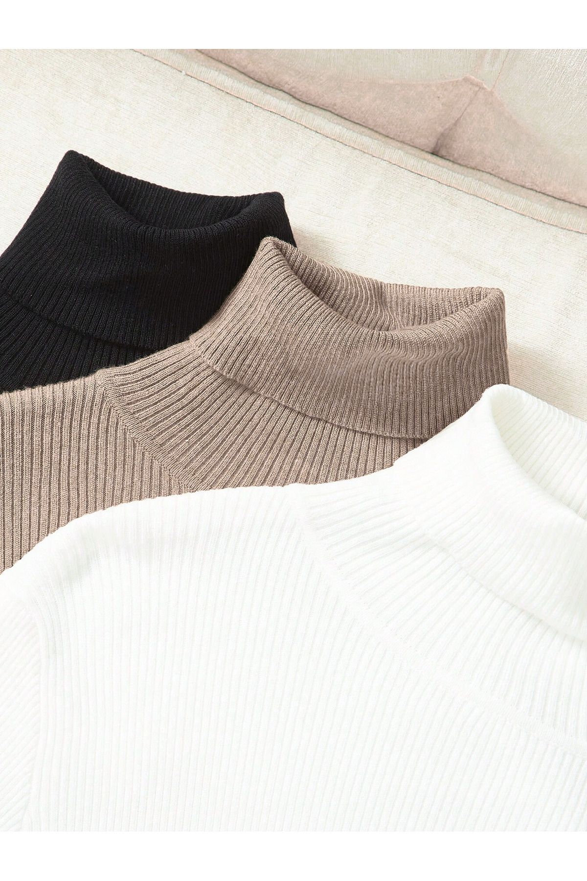 Unisex 3lü Hazır Paket Siyah Bej Pamuklu Balıkçı Yaka Şardonlu Slimfit Boğazlı Kazak Unisex 3lü Hazır Paket Siyah Bej Pamuklu Balıkçı Yaka Şardonlu Slimfit Boğazlı Kazak