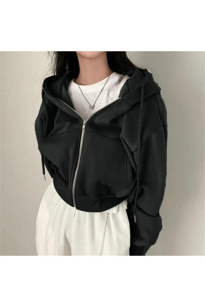 Siyah Crop Top Kalın Kumaş Fermuarlı Kapüşonlu Sweatshirt Siyah Crop Top Kalın Kumaş Fermuarlı Kapüşonlu Sweatshirt