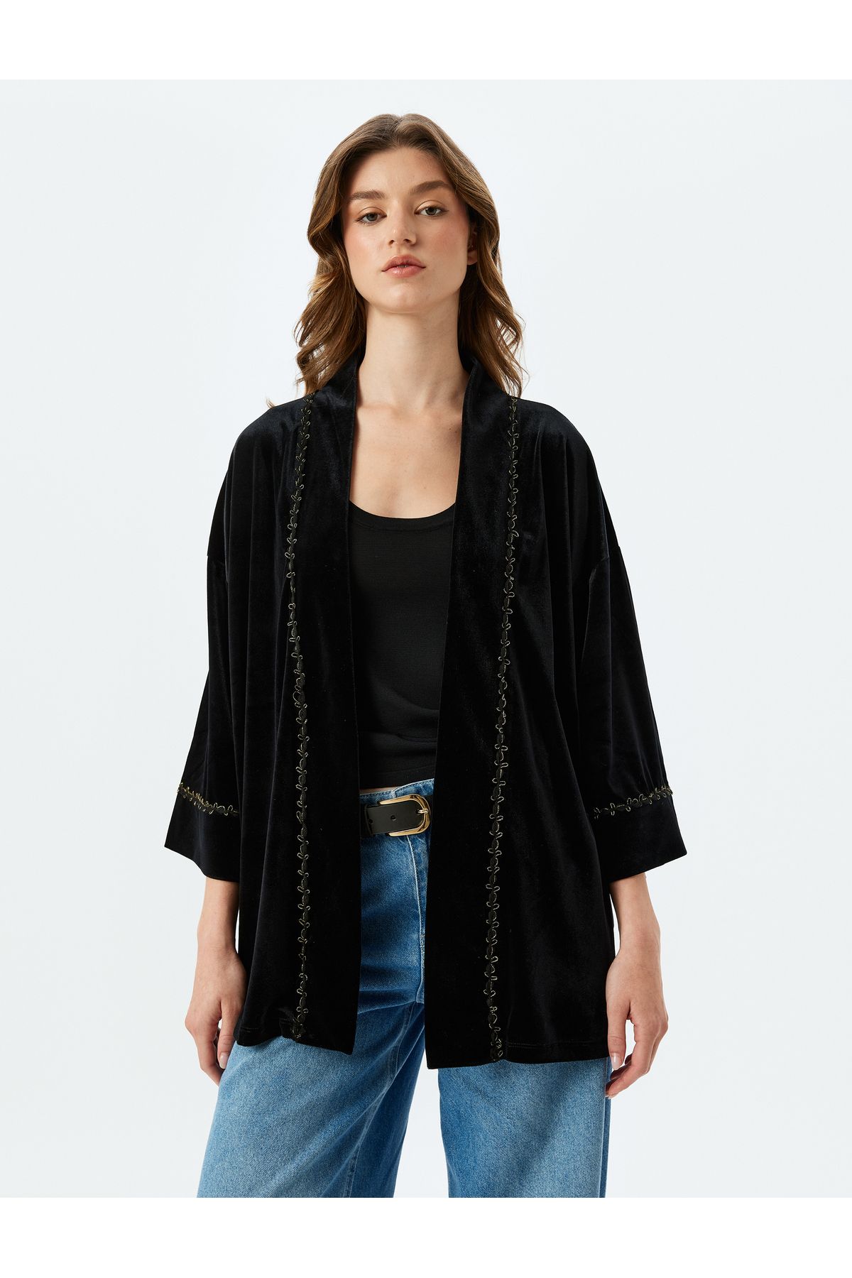 Kalça Boy Geniş 3/4 Kol Kadife Kimono Kalça Boy Geniş 3/4 Kol Kadife Kimono