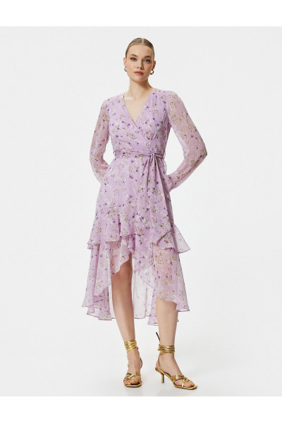 Volanlı Elbise Şifon Çiçekli V Yaka Bağlama Detaylı Yırtmaçlı Volanlı Elbise Şifon Çiçekli V Yaka Bağlama Detaylı Yırtmaçlı