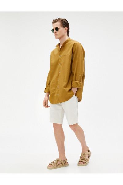 Keten Karışımlı Gömlek Hakim Yaka Cep Detaylı Düğmeli Uzun Kollu Keten Karışımlı Gömlek Hakim Yaka Cep Detaylı Düğmeli Uzun Kollu