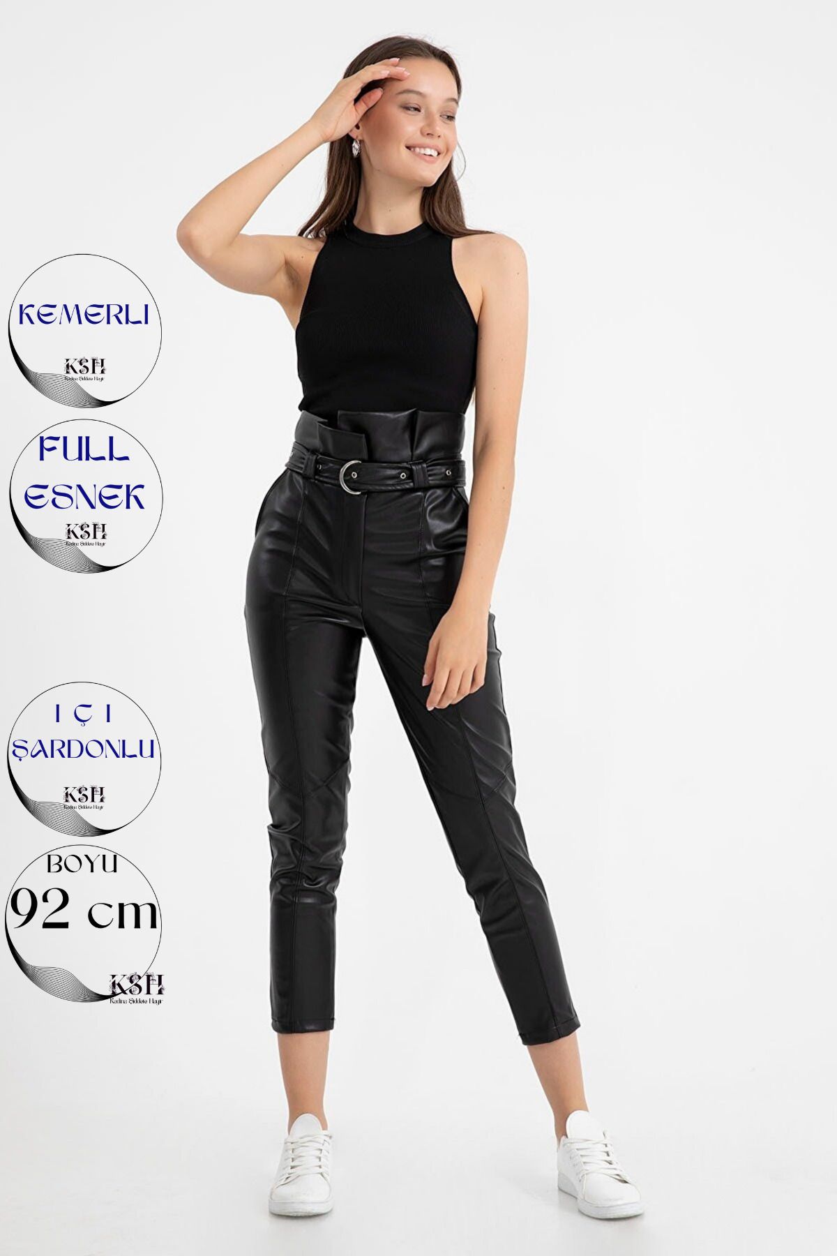 Siyah Yüksek Bel Kemerli Içi Şardonlu Havuç Model Deri Pantolon 92 Cm Siyah Yüksek Bel Kemerli Içi Şardonlu Havuç Model Deri Pantolon 92 Cm