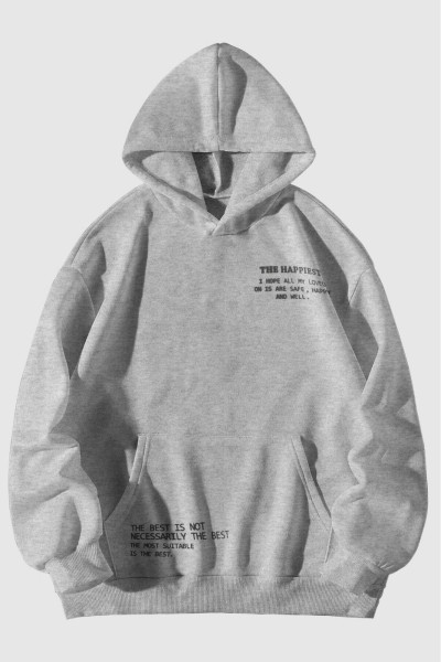 Unisex Gri Happiest Baskılı Oversize Kapşonlu Sweatshirt Unisex Gri Happiest Baskılı Oversize Kapşonlu Sweatshirt