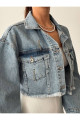 Mavi Zincir Detaylı Oversize Crop Kadın Kot Ceket Mavi Zincir Detaylı Oversize Crop Kadın Kot Ceket