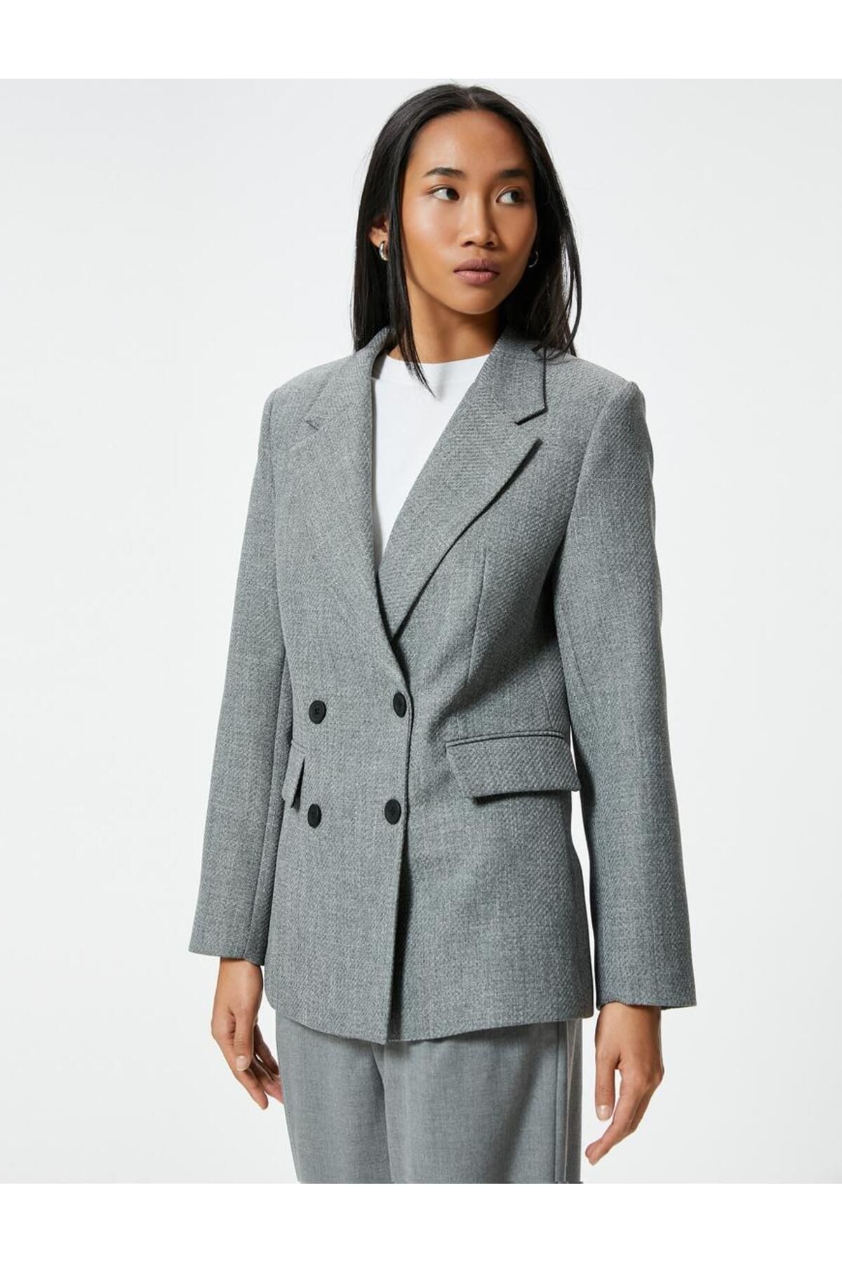 Kruvaze Blazer Ceket Kapaklı Cep Detaylı Dokulu Kruvaze Blazer Ceket Kapaklı Cep Detaylı Dokulu