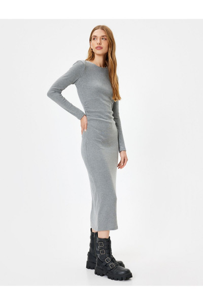 Midi Boy Kalem Elbise Fitilli Uzun Kollu Bisiklet Yaka Slim Fit Midi Boy Kalem Elbise Fitilli Uzun Kollu Bisiklet Yaka Slim Fit