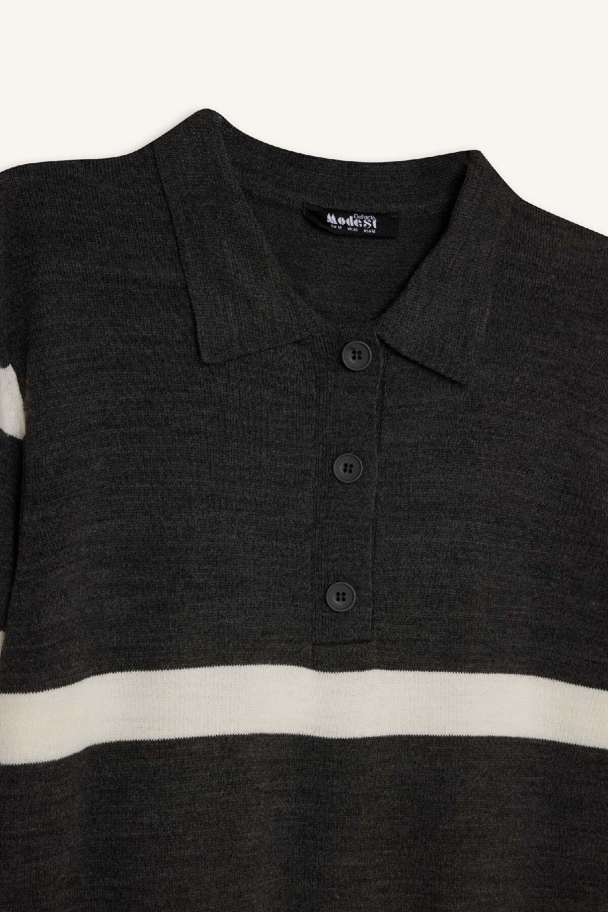Regular Fit Polo Yaka Düğmeli Çizgili Uzun Kollu Maxi Elbise D6523AXNS Regular Fit Polo Yaka Düğmeli Çizgili Uzun Kollu Maxi Elbise D6523AXNS