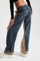 Kadın T.Kot Rengi 2w48 Örme Denim Parçalı Loose Fit Tasarım Pantolon Kadın T.Kot Rengi 2w48 Örme Denim Parçalı Loose Fit Tasarım Pantolon