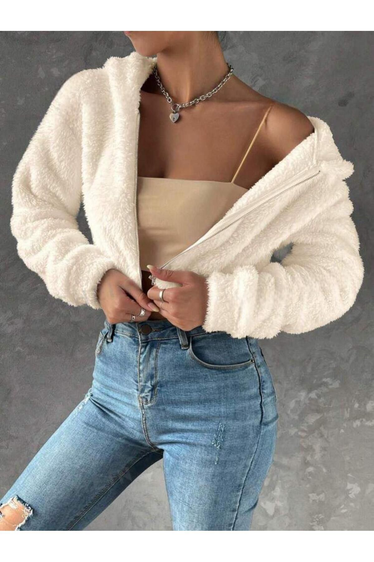 Kadın Ekru Peluş Crop Fitted Kapşonlu Zip Fermuarlı Polar Hırka Sweatshirt