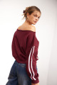 Bordo Açık Omuzlu Şeritli Oversize Sweatshirt