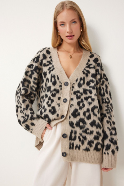 Leopar Desenli Sakallı Triko Hırka VİZON SİYAH LDP0018 Leopar Desenli Sakallı Triko Hırka VİZON SİYAH LDP0018