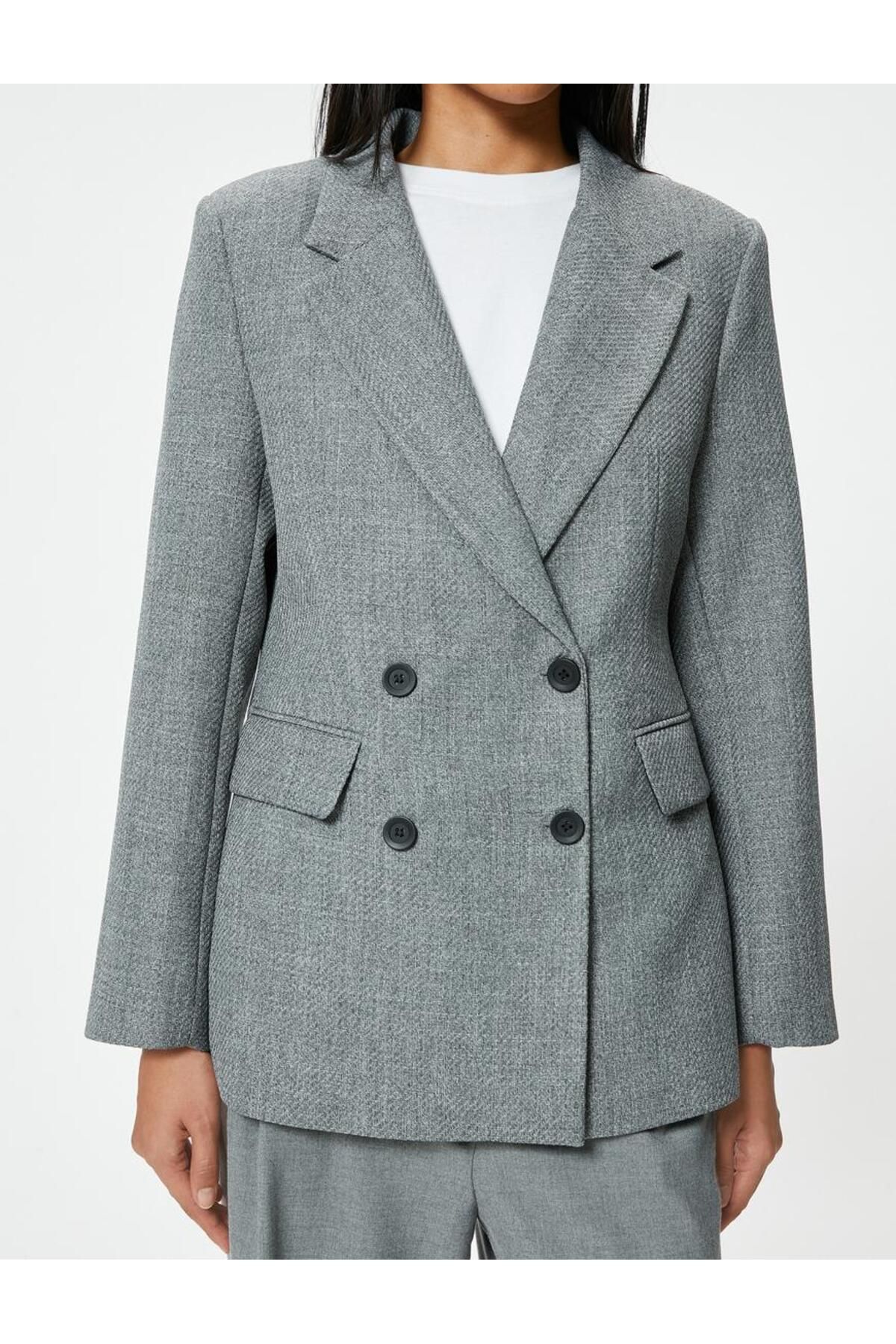 Kruvaze Blazer Ceket Kapaklı Cep Detaylı Dokulu Kruvaze Blazer Ceket Kapaklı Cep Detaylı Dokulu